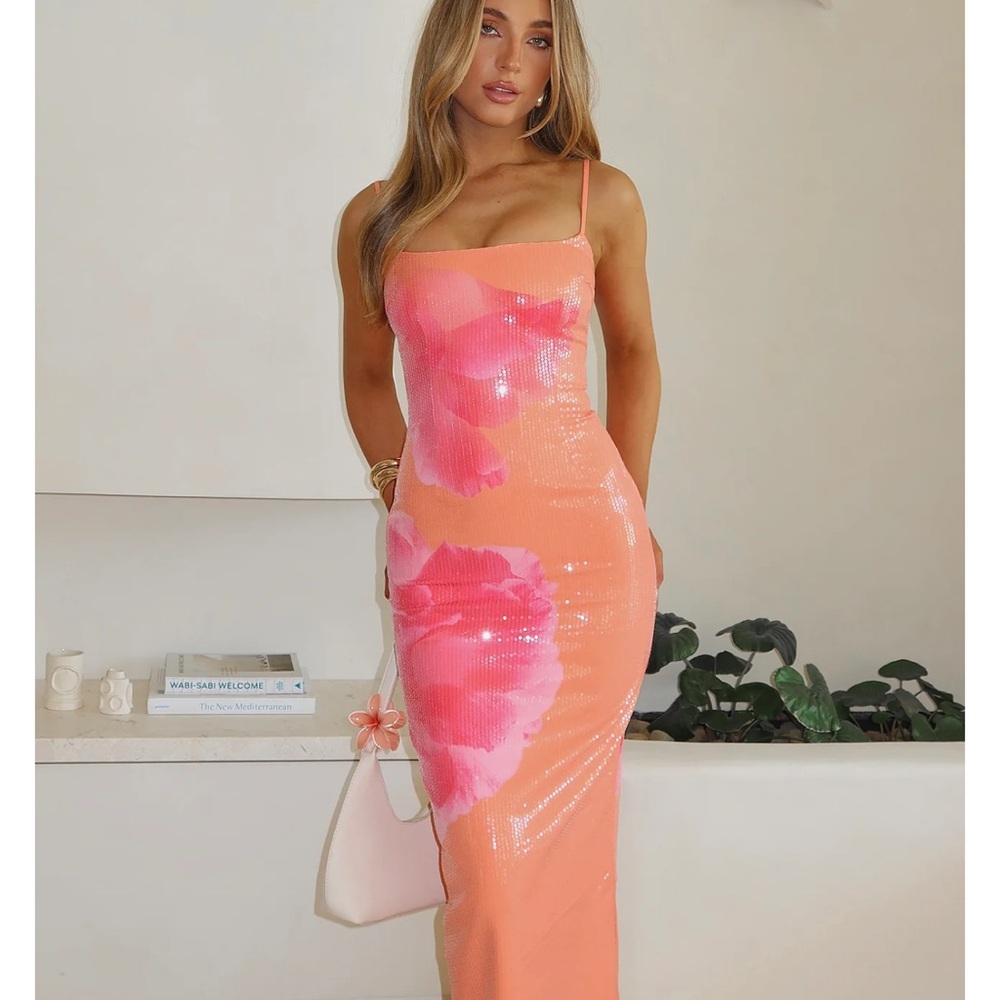White Fox Telling Me Lies Sequin Maxi Dress Tangerine Blossom